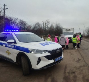 На дорогах Ефремова Тульской области ИДПС с юными помощниками напомнили водителям о соблюдении ПДД в зимний период