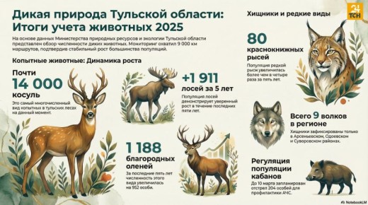 Почти 14 тысяч косуль, 80 краснокнижных рысей и девять волков: какие дикие животные обитают в тульских лесах