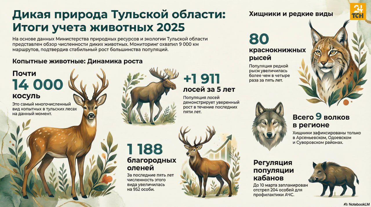 Почти 14 тысяч косуль, 80 краснокнижных рысей и девять волков: какие дикие животные обитают в тульских лесах