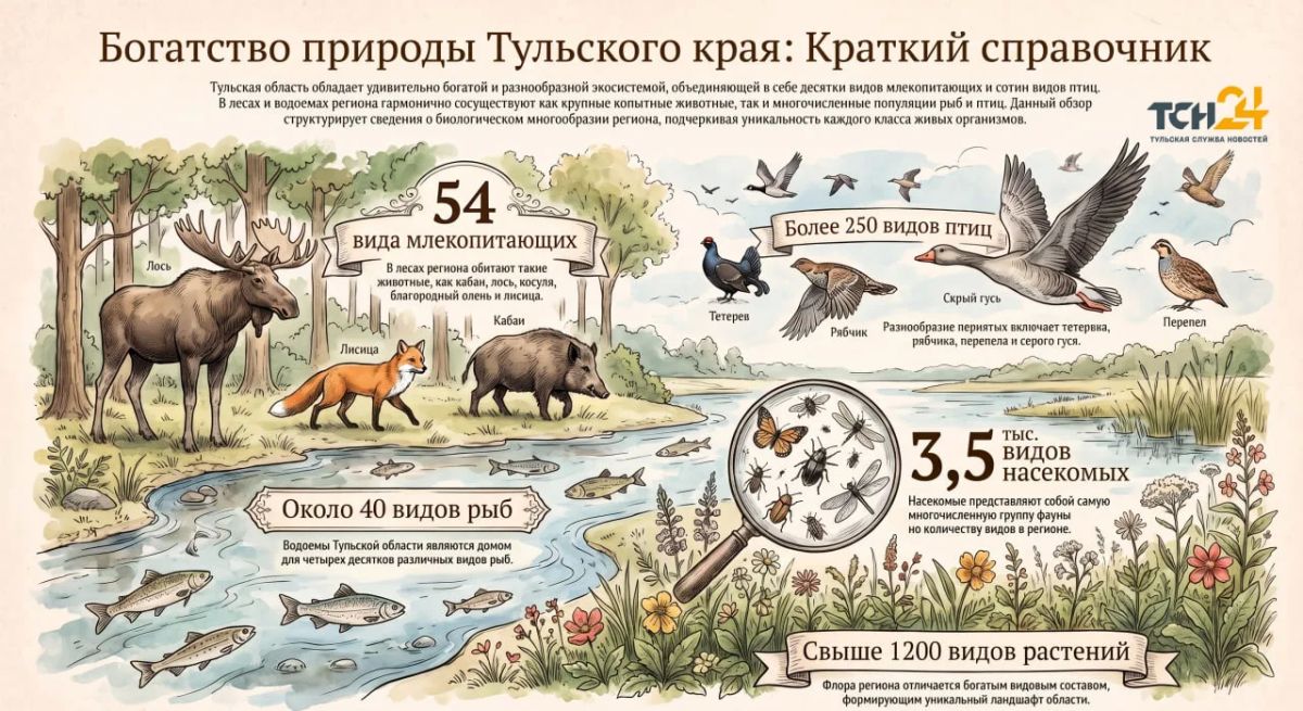 В лесах Тульской области обитают более 250 видов птиц и 54 вида млекопитающих