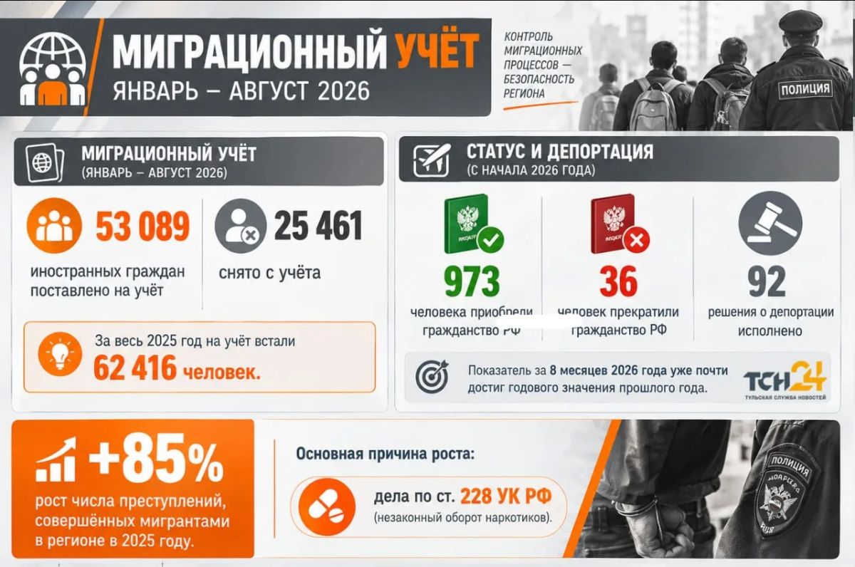 Мигранты совершили в Тульской области 87 преступлений в 2026 году