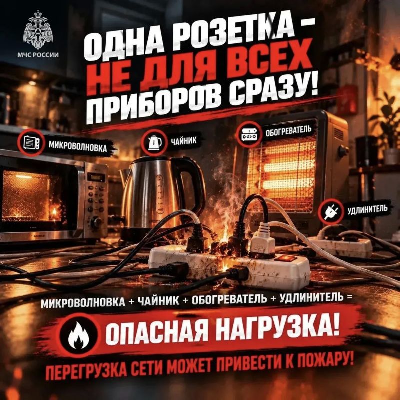 #СоветМЧС. С электричеством не шути — сеть не перегружай! МЧС России напоминает: не оставляй без присмотра включённые электроприборы, особенно обогреватели и зарядные устройства;