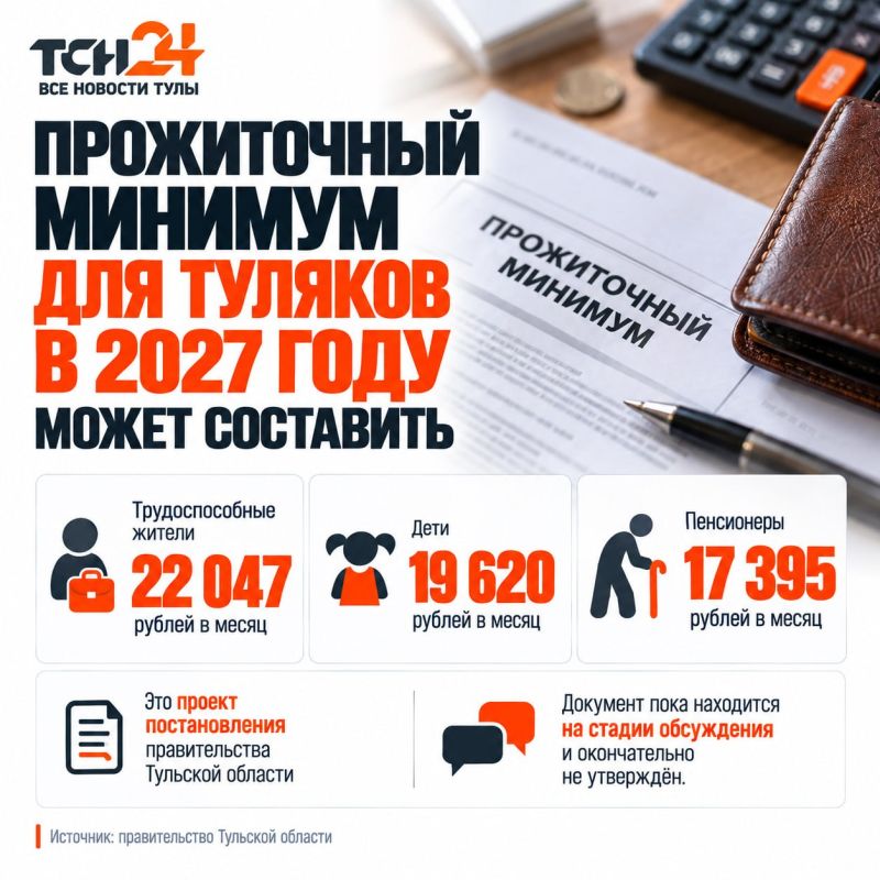 Прожиточный минимум для трудоспособных туляков в 2027 году может составить 22 047 рублей